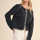  Leia Contrast Blanket Stitch Sweater Cardigan | Women's Black Soft Warm Knit Button-Up Top | Fall and Winter Fashion