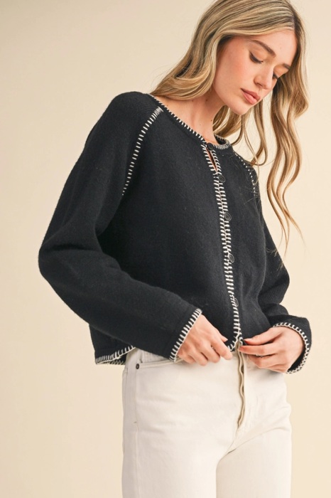 Leia Contrast Blanket Stitch Sweater Cardigan | Women's Black Soft Warm Knit Button-Up Top | Fall and Winter Fashion