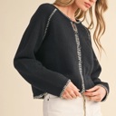  Leia Contrast Blanket Stitch Sweater Cardigan | Women's Black Soft Warm Knit Button-Up Top | Fall and Winter Fashion