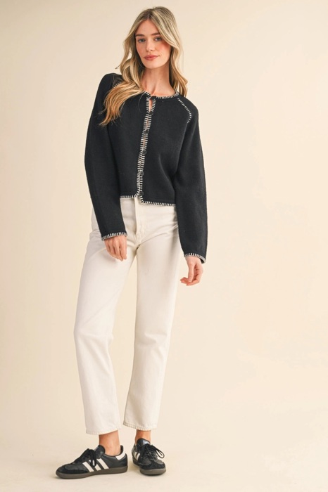 Leia Contrast Blanket Stitch Sweater Cardigan | Women's Black Soft Warm Knit Button-Up Top | Fall and Winter Fashion