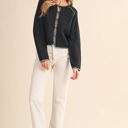  Leia Contrast Blanket Stitch Sweater Cardigan | Women's Black Soft Warm Knit Button-Up Top | Fall and Winter Fashion