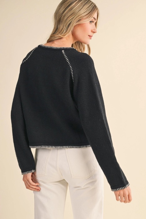 Leia Contrast Blanket Stitch Sweater Cardigan | Women's Black Soft Warm Knit Button-Up Top | Fall and Winter Fashion