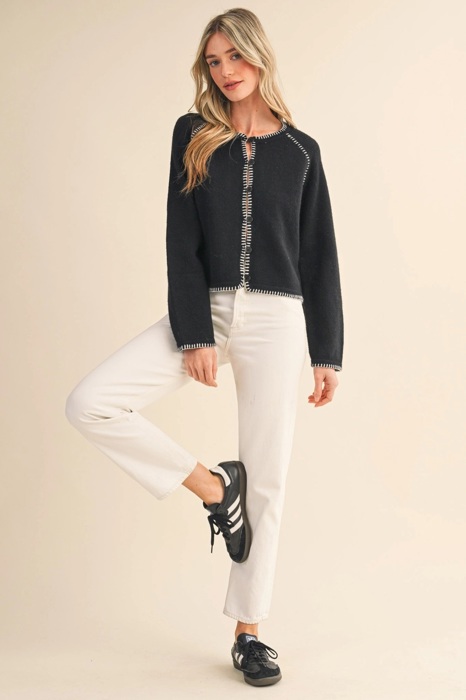 Leia Contrast Blanket Stitch Sweater Cardigan | Women's Black Soft Warm Knit Button-Up Top | Fall and Winter Fashion