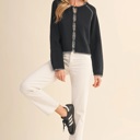  Leia Contrast Blanket Stitch Sweater Cardigan | Women's Black Soft Warm Knit Button-Up Top | Fall and Winter Fashion