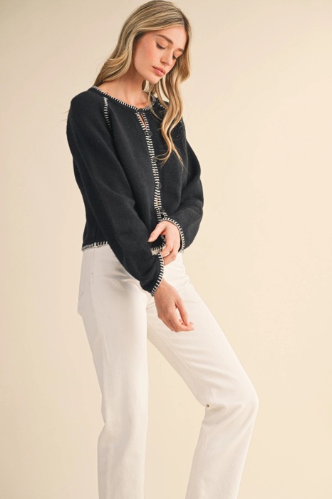 Leia Contrast Blanket Stitch Sweater Cardigan | Women's Black Soft Warm Knit Button-Up Top | Fall and Winter Fashion