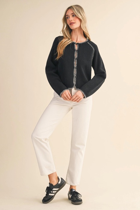 Leia Contrast Blanket Stitch Sweater Cardigan | Women's Black Soft Warm Knit Button-Up Top | Fall and Winter Fashion