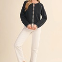  Leia Contrast Blanket Stitch Sweater Cardigan | Women's Black Soft Warm Knit Button-Up Top | Fall and Winter Fashion