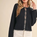  Leia Contrast Blanket Stitch Sweater Cardigan | Women's Black Soft Warm Knit Button-Up Top | Fall and Winter Fashion