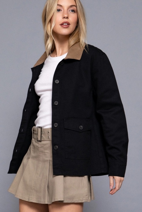 Liana Corduroy Barn Jacket - BLACK | Women's Casual Fall and Winter Style | Trendy | Collared | Neutral