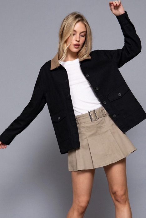 Liana Corduroy Barn Jacket - BLACK | Women's Casual Fall and Winter Style | Trendy | Collared | Neutral