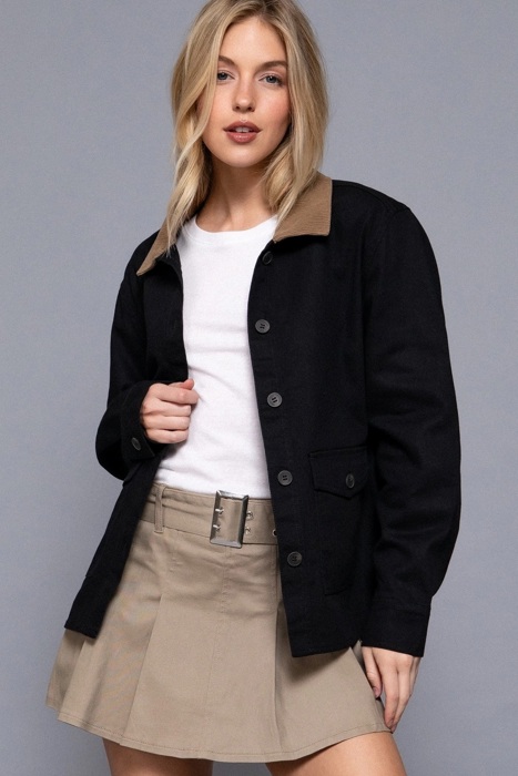 Liana Corduroy Barn Jacket - BLACK | Women's Casual Fall and Winter Style | Trendy | Collared | Neutral