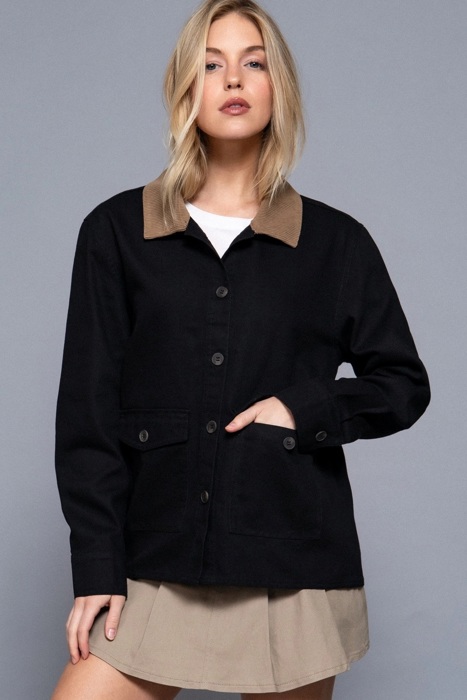 Liana Corduroy Barn Jacket - BLACK | Women's Casual Fall and Winter Style | Trendy | Collared | Neutral