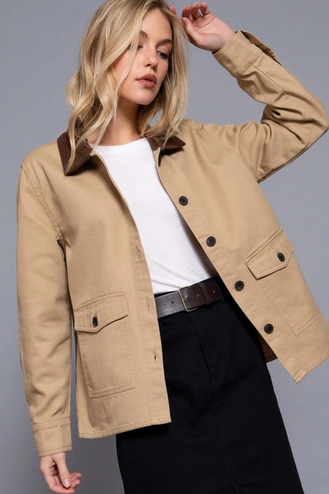 Liana Corduroy Barn Jacket - KHAKI | Women's Casual Fall and Winter Style | Trendy | Collared | Neutral