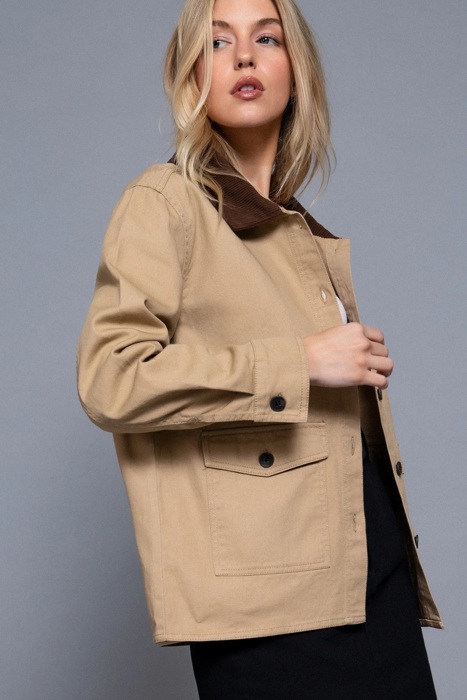 Liana Corduroy Barn Jacket - KHAKI | Women's Casual Fall and Winter Style | Trendy | Collared | Neutral