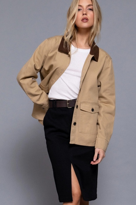 Liana Corduroy Barn Jacket - KHAKI | Women's Casual Fall and Winter Style | Trendy | Collared | Neutral