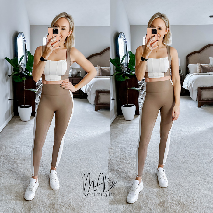 Lola Bustier Crop Top + Legging Set | Taupe Neutral Leggings Set | Open-Back Sports Bra | Activewear