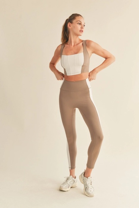 Lola Bustier Crop Top + Legging Set | Taupe Neutral Leggings Set | Open-Back Sports Bra | Activewear