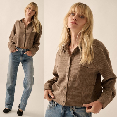 Lonnie Corduroy Raw Edge Hem Shirt | Mocha Button-Up | Raw Hem Pocket Shirt