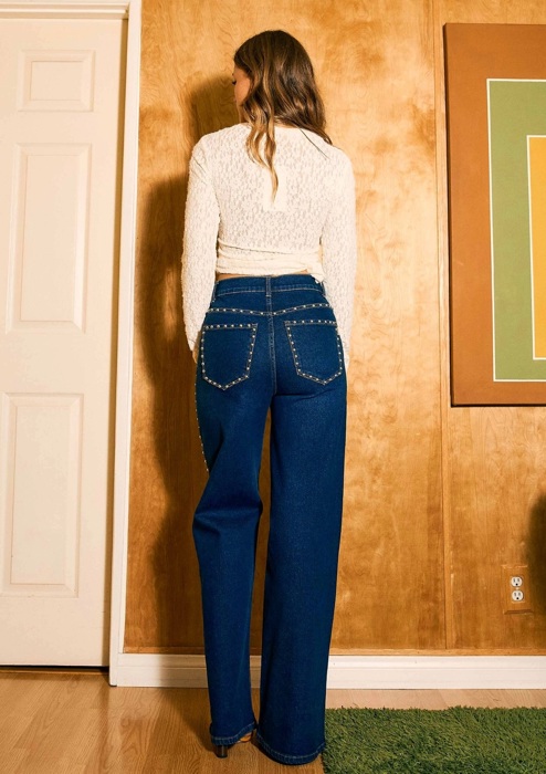 Madyson Stud Wide Leg Jeans | Women's Denim | Trendy High Waist Medium Wash | Fall and Winter Style | Year-Round | Statement Jean