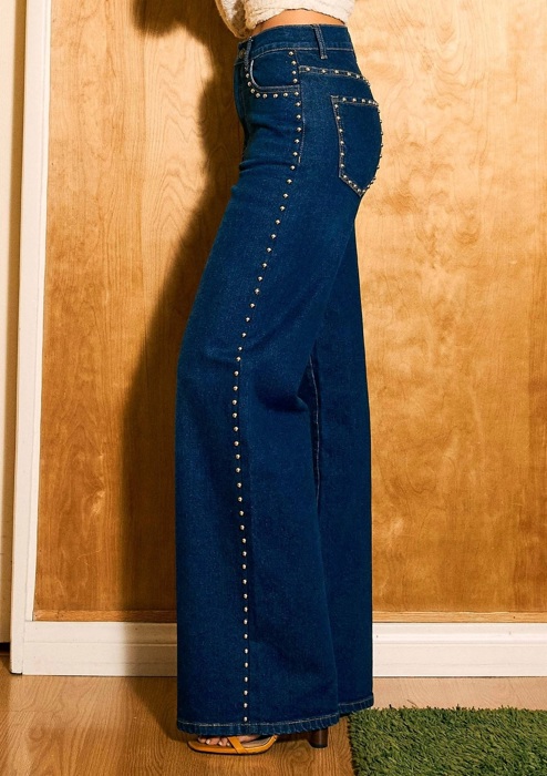 Madyson Stud Wide Leg Jeans | Women's Denim | Trendy High Waist Medium Wash | Fall and Winter Style | Year-Round | Statement Jean