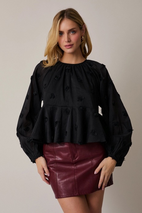 Maggie Tiered Mesh Blouse | Black Women's Top | Holiday Style | Textured Florals | Flowy Peplum | Lightweight