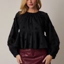  Maggie Tiered Mesh Blouse | Black Women's Top | Holiday Style | Textured Florals | Flowy Peplum | Lightweight