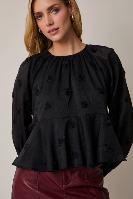 Maggie Tiered Mesh Blouse | Black Women's Top | Holiday Style | Textured Florals | Flowy Peplum | Lightweight