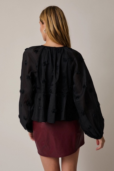 Maggie Tiered Mesh Blouse | Black Women's Top | Holiday Style | Textured Florals | Flowy Peplum | Lightweight
