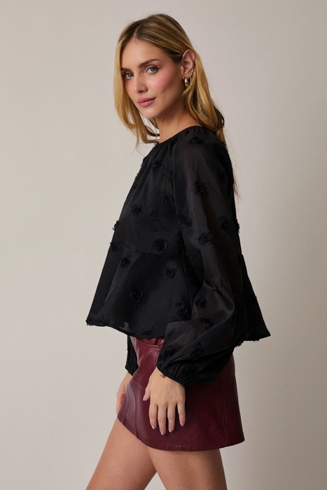 Maggie Tiered Mesh Blouse | Black Women's Top | Holiday Style | Textured Florals | Flowy Peplum | Lightweight