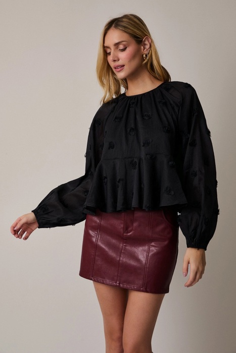 Maggie Tiered Mesh Blouse | Black Women's Top | Holiday Style | Textured Florals | Flowy Peplum | Lightweight