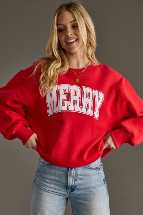 Merry Graphic Sweatshirt | Red or Green Women's Pullover Tops | Christmas Holiday Festive Winter Fashion | Crewneck | Long Sleeve