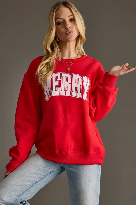 Merry Graphic Sweatshirt | Red or Green Women's Pullover Tops | Christmas Holiday Festive Winter Fashion | Crewneck | Long Sleeve