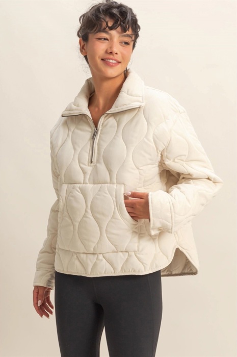 Mia Quilted Half-Zip High Neck Pullover | Women's Fall Jacket | Neutral Beige | Relaxed Fit | Comfy Style