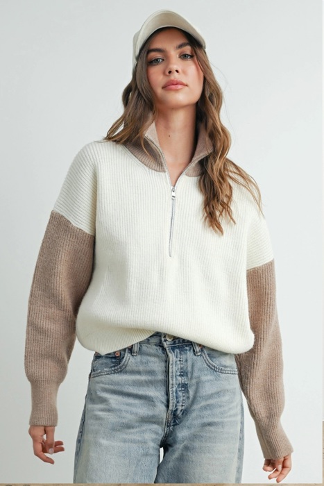 Micah Color Block Collar Half Zipper Pullover Sweater | Women's Winter Style | Neutral