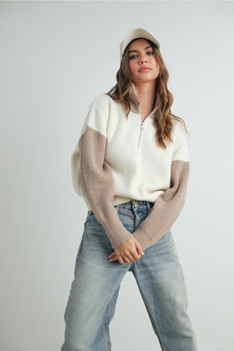Micah Color Block Collar Half Zipper Pullover Sweater | Women's Winter Style | Neutral