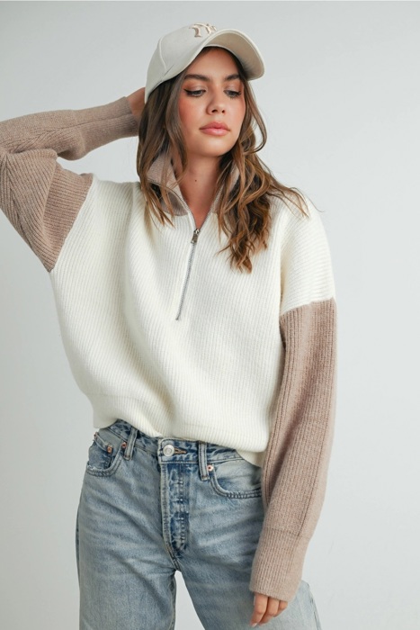 Micah Color Block Collar Half Zipper Pullover Sweater | Women's Winter Style | Neutral