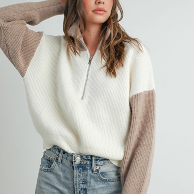 Micah Color Block Collar Half Zipper Pullover Sweater | Women's Winter Style | Neutral