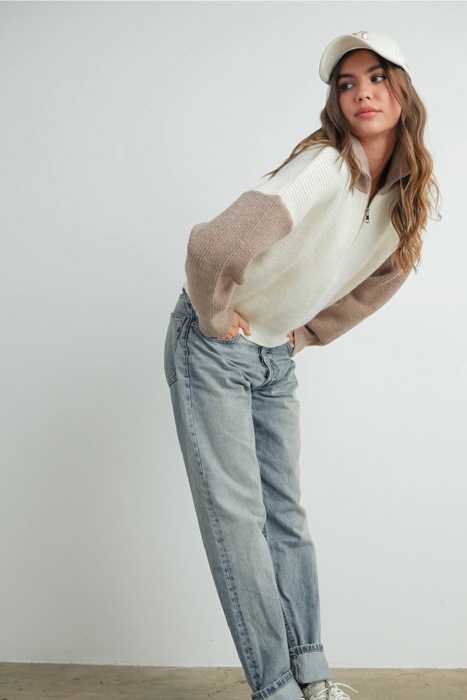 Micah Color Block Collar Half Zipper Pullover Sweater | Women's Winter Style | Neutral