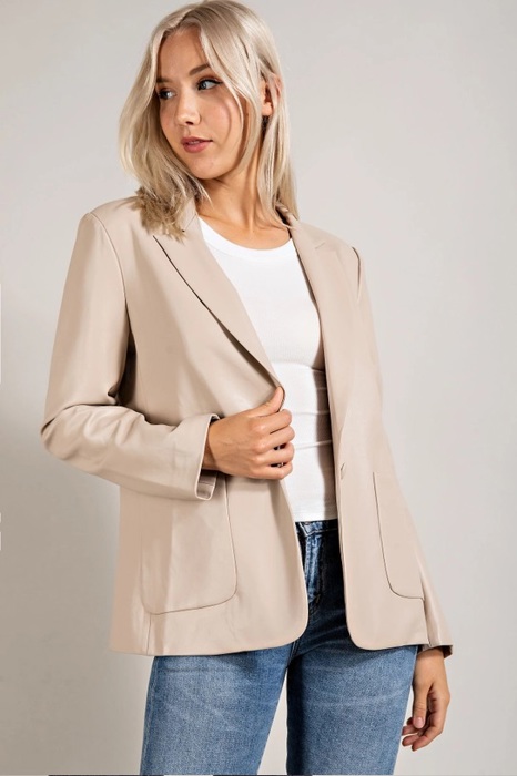 Monet Faux Leather Blazer | Women's Beige Jacket | Fall and Winter Trendy Style | Neutral Fashion | Collared Single-Breasted | Flap Pockets | Long Sleeves