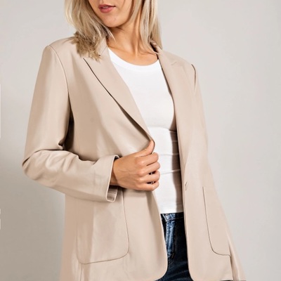 Monet Faux Leather Blazer | Women's Beige Jacket | Fall and Winter Trendy Style | Neutral Fashion | Collared Single-Breasted | Flap Pockets | Long Sleeves