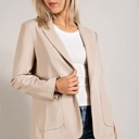  Monet Faux Leather Blazer | Women's Beige Jacket | Fall and Winter Trendy Style | Neutral Fashion | Collared Single-Breasted | Flap Pockets | Long Sleeves