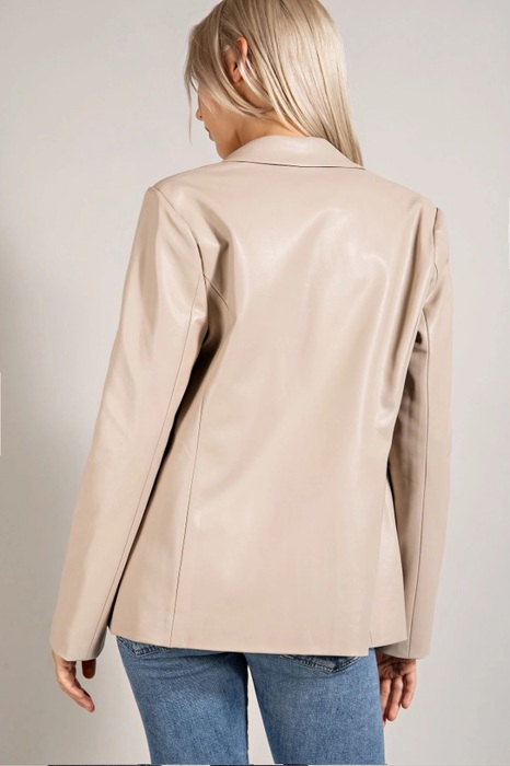 Monet Faux Leather Blazer | Women's Beige Jacket | Fall and Winter Trendy Style | Neutral Fashion | Collared Single-Breasted | Flap Pockets | Long Sleeves