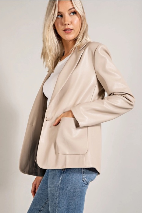 Monet Faux Leather Blazer | Women's Beige Jacket | Fall and Winter Trendy Style | Neutral Fashion | Collared Single-Breasted | Flap Pockets | Long Sleeves