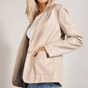  Monet Faux Leather Blazer | Women's Beige Jacket | Fall and Winter Trendy Style | Neutral Fashion | Collared Single-Breasted | Flap Pockets | Long Sleeves