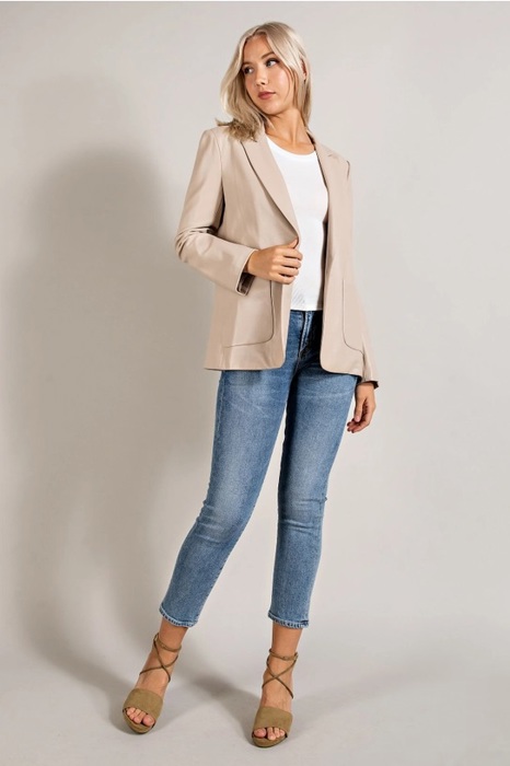 Monet Faux Leather Blazer | Women's Beige Jacket | Fall and Winter Trendy Style | Neutral Fashion | Collared Single-Breasted | Flap Pockets | Long Sleeves