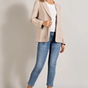  Monet Faux Leather Blazer | Women's Beige Jacket | Fall and Winter Trendy Style | Neutral Fashion | Collared Single-Breasted | Flap Pockets | Long Sleeves