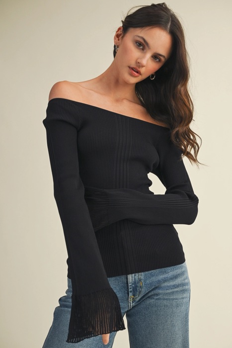 Monica Bell Sleeve Sweater Top | Black Women's Pullover Shirt | Fall and Winter Trendy Fashion | Off-Shoulder | Soft & Stretchy