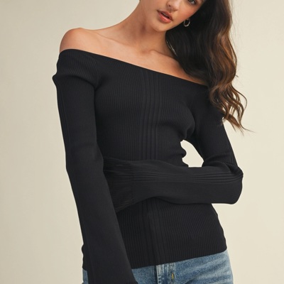 Monica Bell Sleeve Sweater Top | Black Women's Pullover Shirt | Fall and Winter Trendy Fashion | Off-Shoulder | Soft & Stretchy
