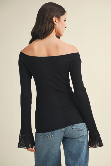 Monica Bell Sleeve Sweater Top | Black Women's Pullover Shirt | Fall and Winter Trendy Fashion | Off-Shoulder | Soft & Stretchy