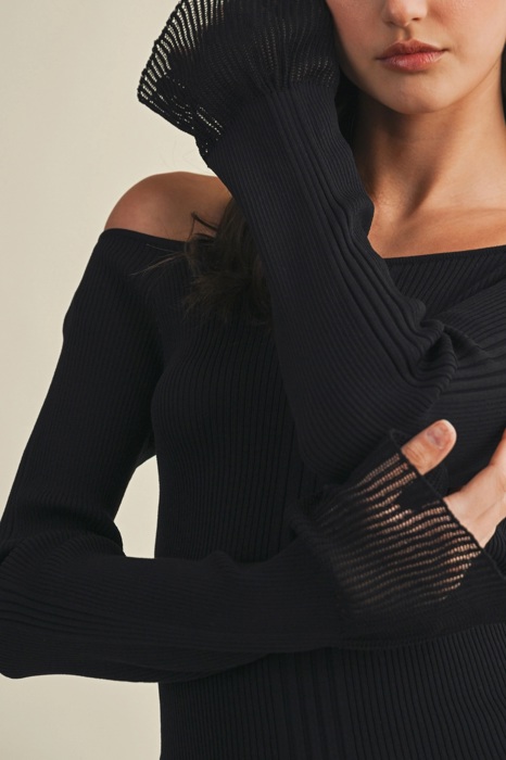Monica Bell Sleeve Sweater Top | Black Women's Pullover Shirt | Fall and Winter Trendy Fashion | Off-Shoulder | Soft & Stretchy